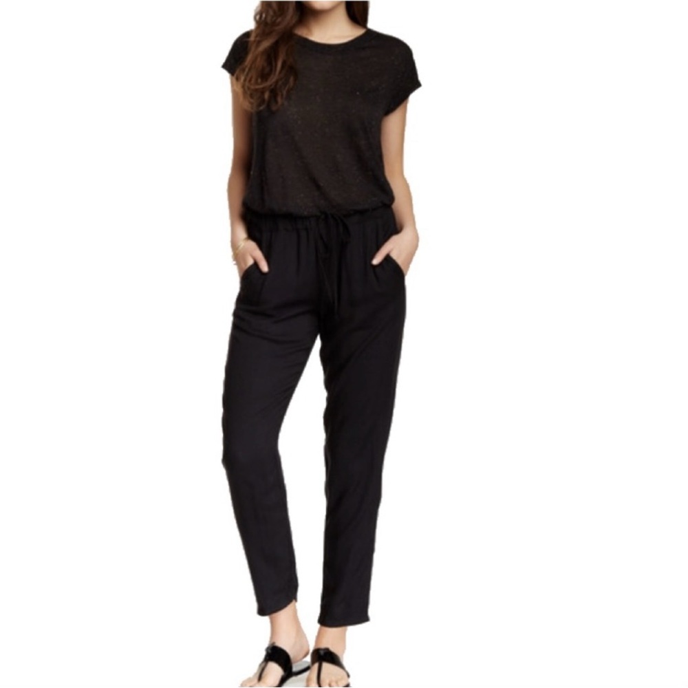 Splendid Short Sleeve Jumpsuit Drawstring Waist Black Gold Size Large NWT